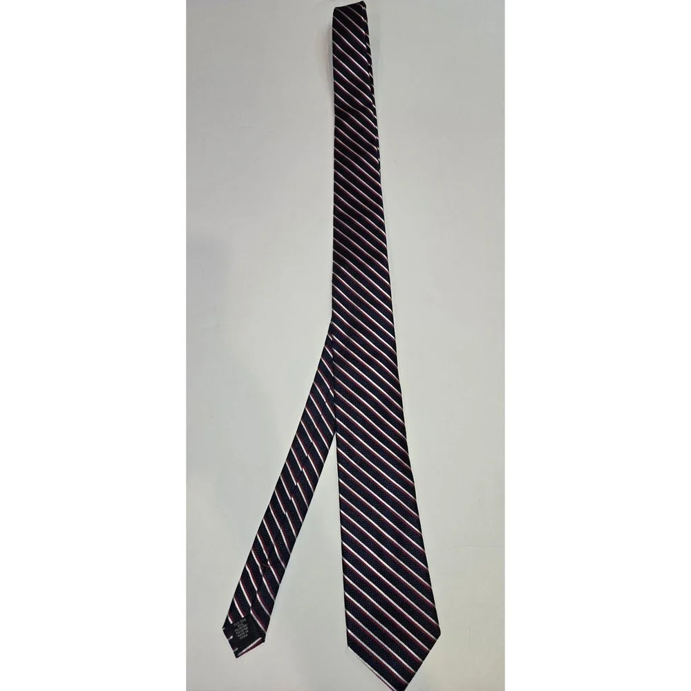 Tommy Hilfiger Navy Blue Red and White Striped Silk Tie